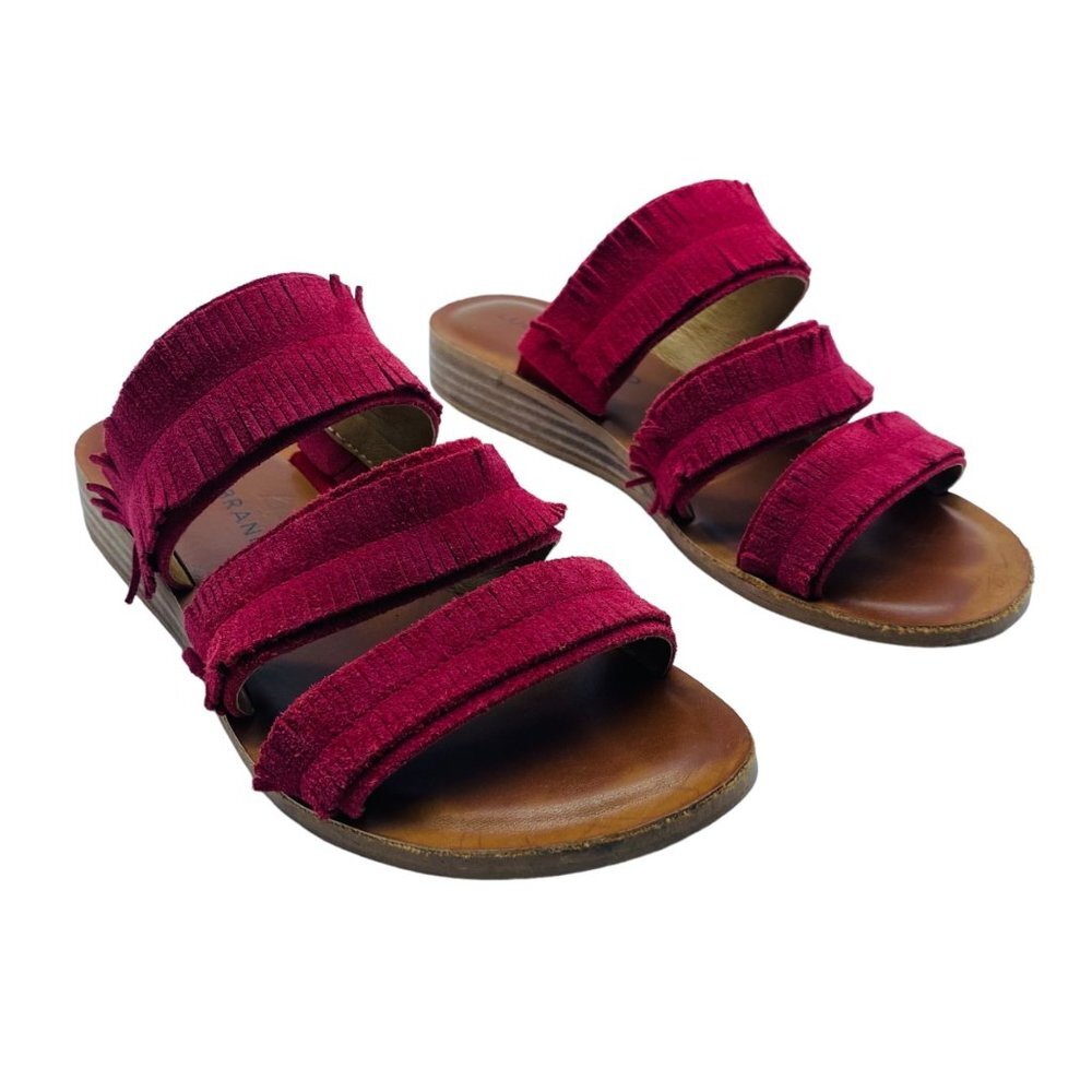 Lucky Brand Hegen Women 6 Red Suede Leather Fringe Three Band Slide On Sandals
